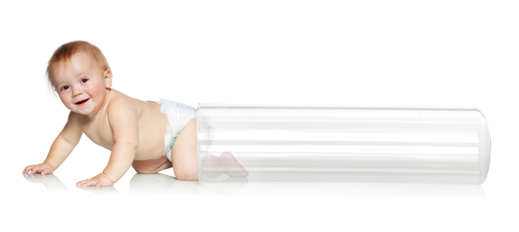 Baby crawling out of a test tube. 