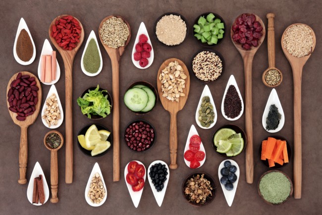 Selection of superfoods in bowls.