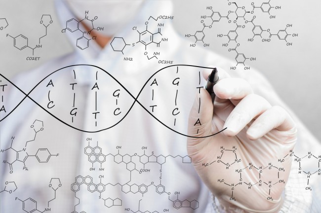 Scientist writing molecular structure of DNA