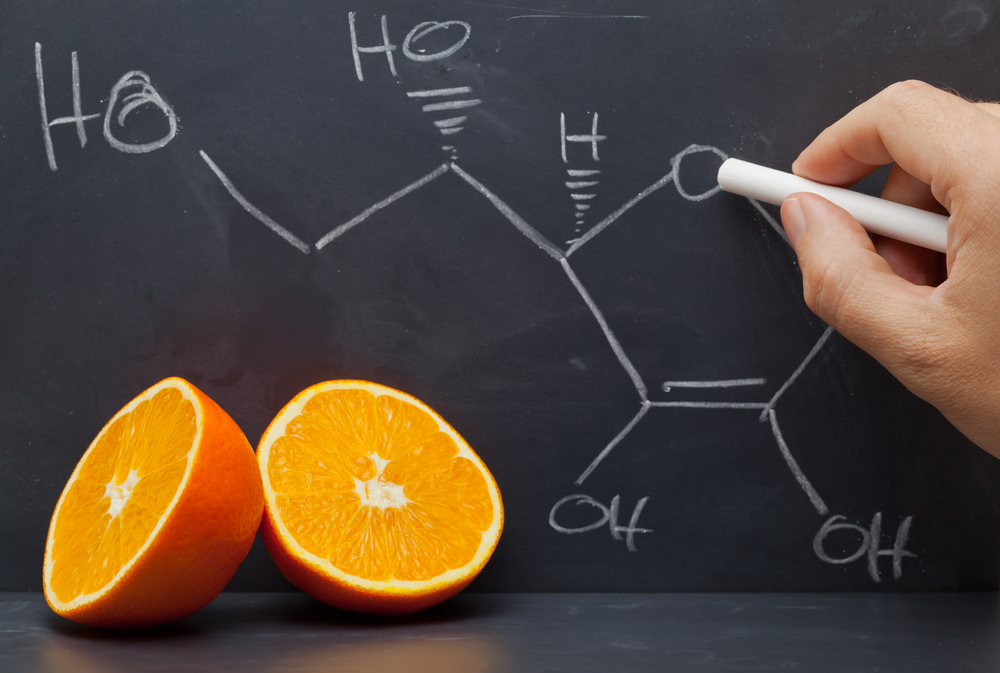 Vitamin C chemical formula on a blackboard